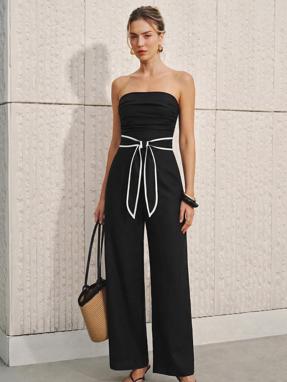 COMMENSE Linen Blend Strapless Tie-Waist Wide Leg Jumpsuit Black Size M